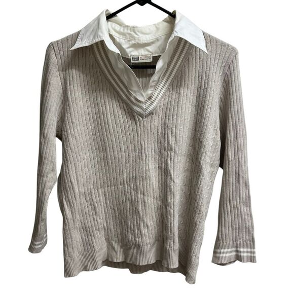 VTG Y2K Faded Glory Preppy Beige and White Collared V-Neck Knit Sweater SZ M - Picture 1 of 4